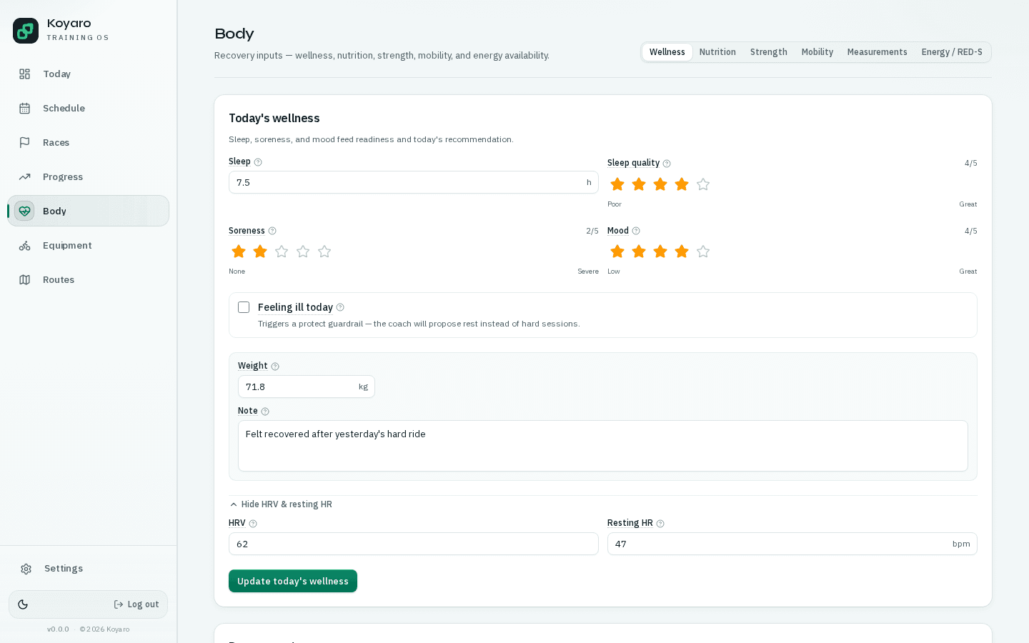Body hub wellness view with sleep, HRV, and mood