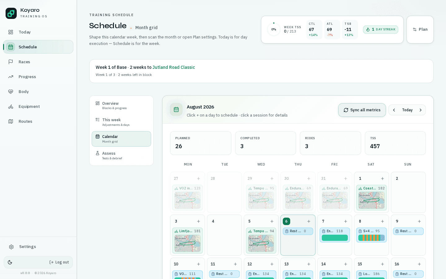 Training calendar with planned sessions