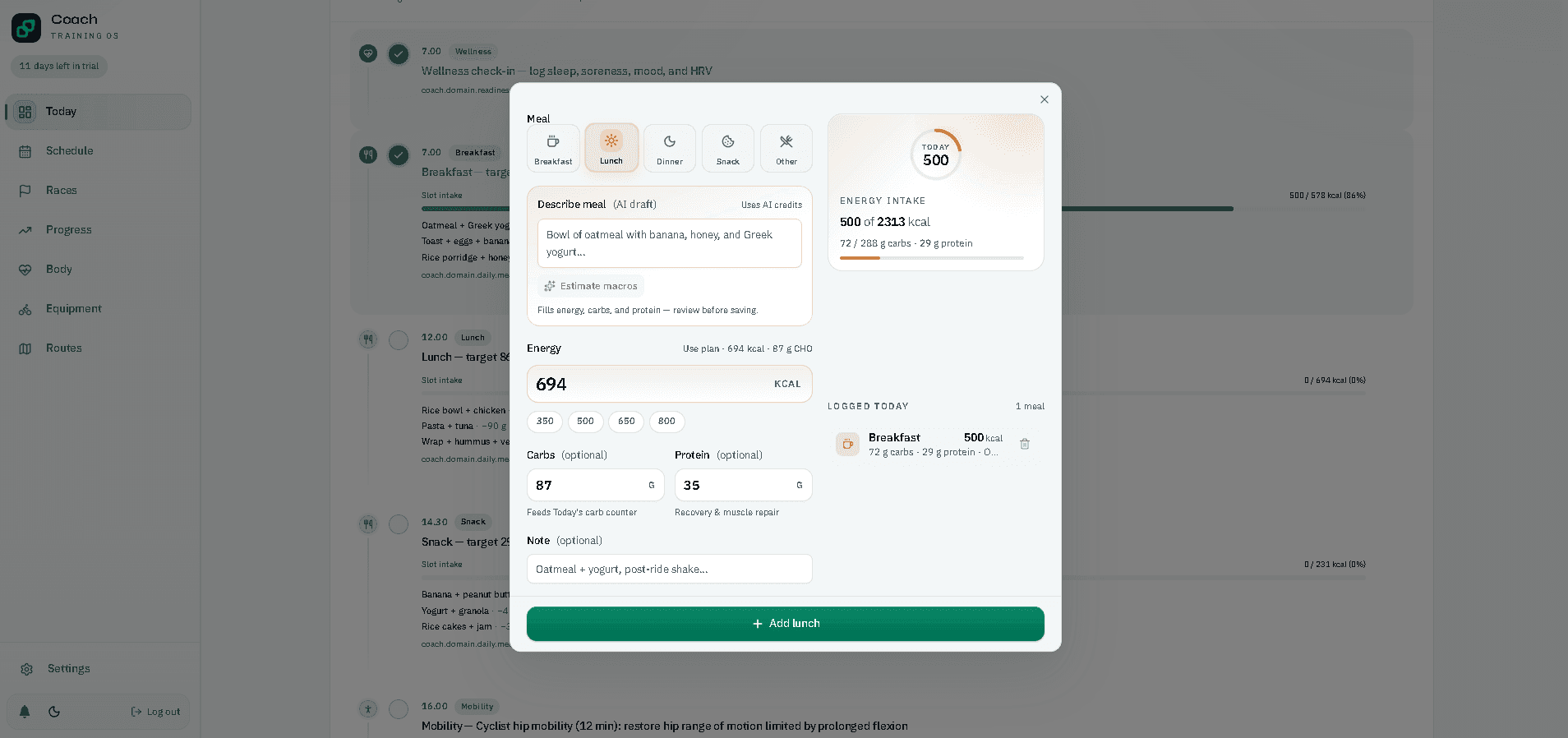 Meal logging with AI macro estimate