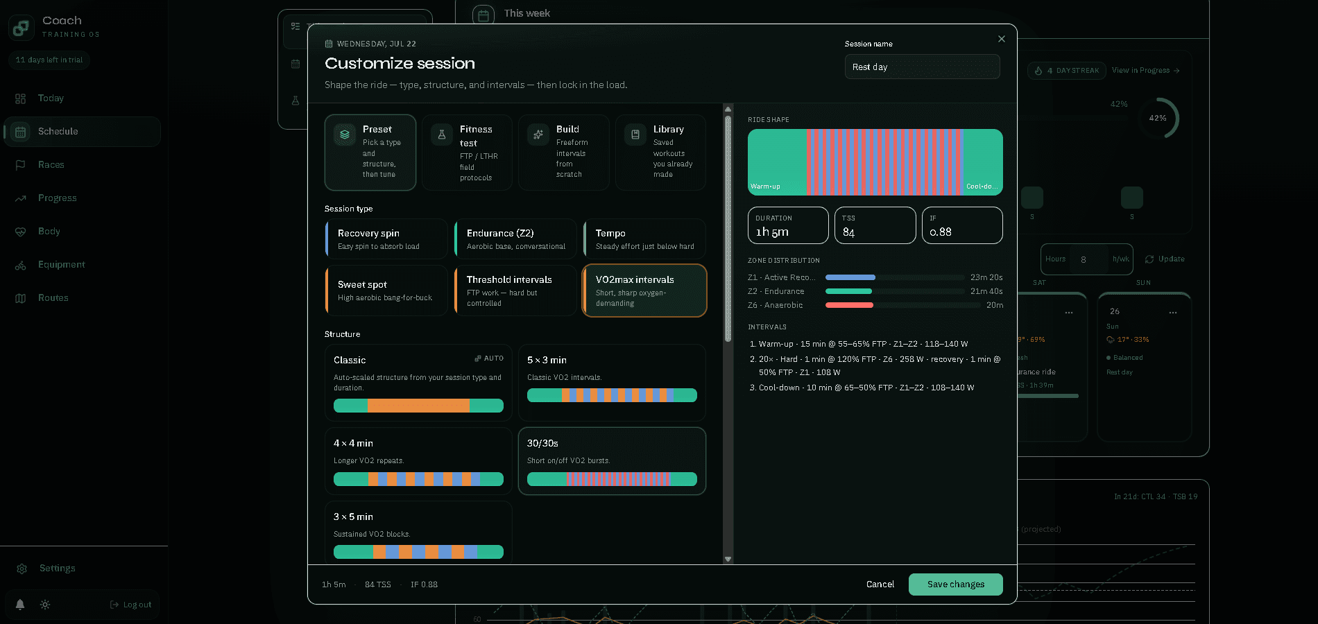 Session customizer with VO2 intervals